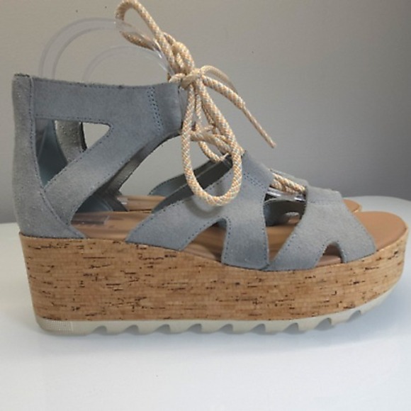 Sorel Shoes - Sorel Sandals Women 8 Cameron Blue Flatform Lace Up Cork Suede Gladiator Wedge
